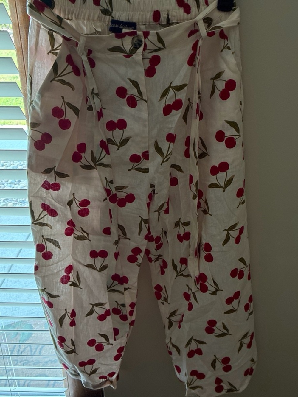 Casual Cream Cherry-Print Linen Pants